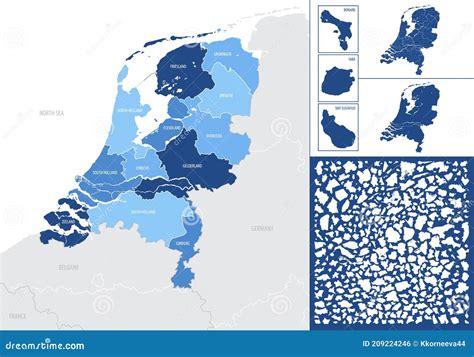 detailed blue map of netherlands with administrative divisions into regions vector illustration