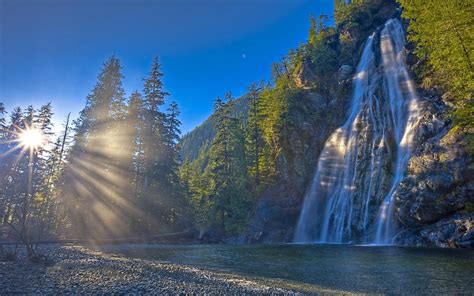 Nature Morning Dawn Sunlight Forest River Waterfall Rock