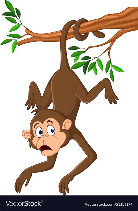 Cartoon Monkey Hanging On The Tree Branch With His Vector Image On
