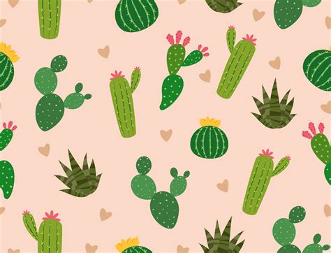 Seamless Pattern Of Many Cactus With Mini Heart On Background Vector