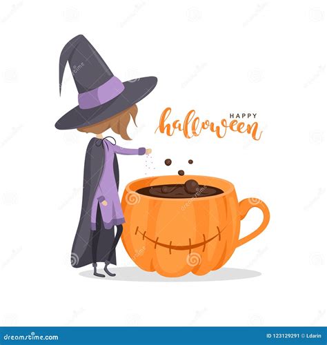 Greeting Card A Cute Witch Near The Cup Of Coffee Stock Vector