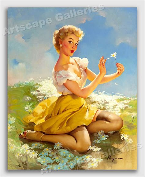 Elvgren 1955 Pin Up Girl Daisies Are Telling Picking Flowers Poster