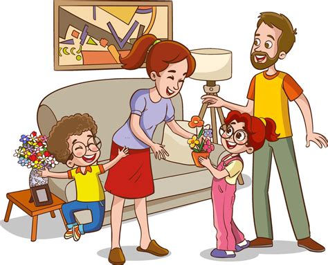 Vector Illustration Of Children Surprising Their Mothers And Giving