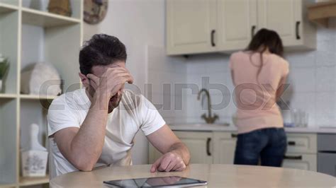 Nervous Wife Crying Quarreling With Man Annoyed Husband Ignoring Wife Breakup Stock Image