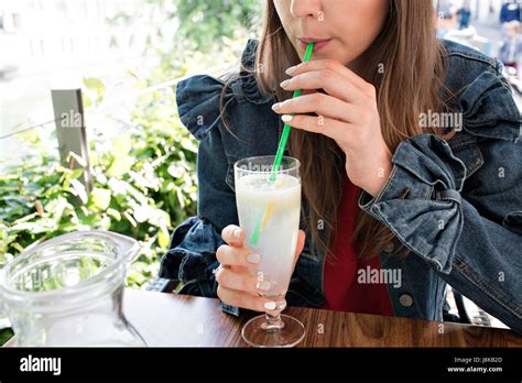 Young Smiling Girl Drinking Tasty Sweet Cocktail Amazing Relaxing Day Tasty Lemonade Outdoor