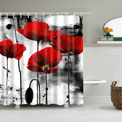 Red Poppy Sower Curtain Set 4 Pcs Red Black Ink Oriental Style