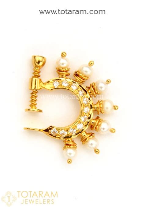 22k Gold Nath Nose Ring With Cz Ruby And Pearls 235 Gnp003 In 2400 Grams