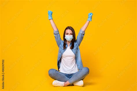 Portrait Of Her She Nice Healthy Lucky Girl Sit Crossed Leg Wearing Safety Mask Rising Hands Up