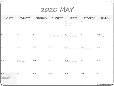 May 2020 Monday Calendar Monday To Sunday Calendar Printables