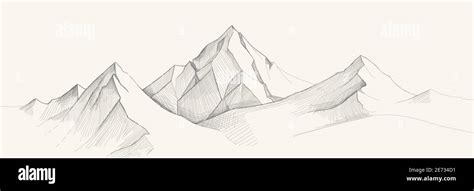 Mountains Range Sketch Engraving Style Hand Drawn Vector Illustration