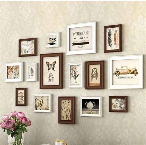 15 Piecesset Solid Wood Photo Frame Set Retro White Brown Wall Hanging