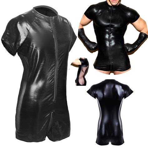sexy men s wet look pvc leather bodysuit leotard zipper zentai catsuit costumes ebay