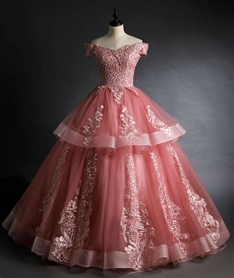 Pink Lace Long Ball Gown Dress Off Shoulder Evening Dress Ball Gowns