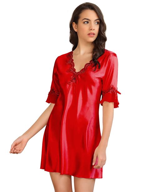 Ohyeahlady Womens Satin Nightgown V Neck Silk Sleepwear Short Sleeve