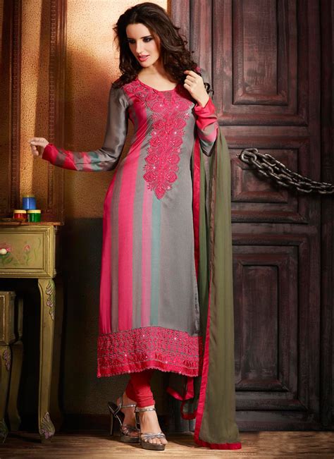 Grey And Pink Georgette Churidar Suit
