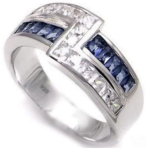 925 Sterling Silver Mens Created Blue Sapphire Band Ring
