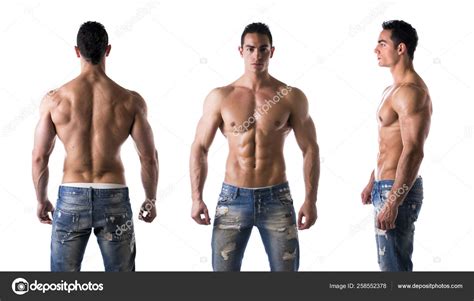 Tres Vistas Musculoso Sin Camisa Culturista Masculino Espalda Frente