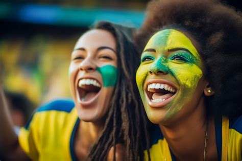 premium ai image brazilian female football soccer fans in a world cup stadium supporting the