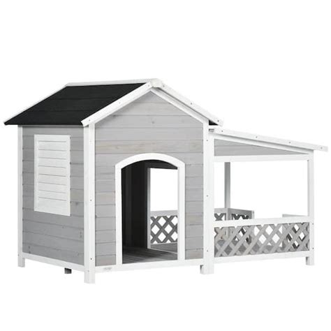 Pawhut Wooden Dog House Outdoor With Porch Light Gray D02 147v00lg
