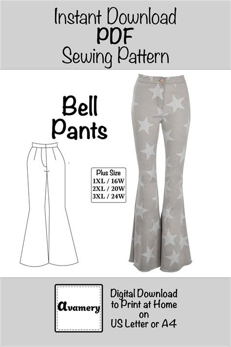 Bell Bottom Pants 1xl 2xl 3xl Pdf Sewing Pattern Flared Women Etsy