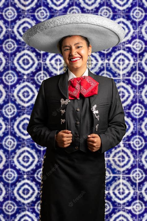 premium photo female mexican mariachi woman smiling using traditional mariachi girl suit on a
