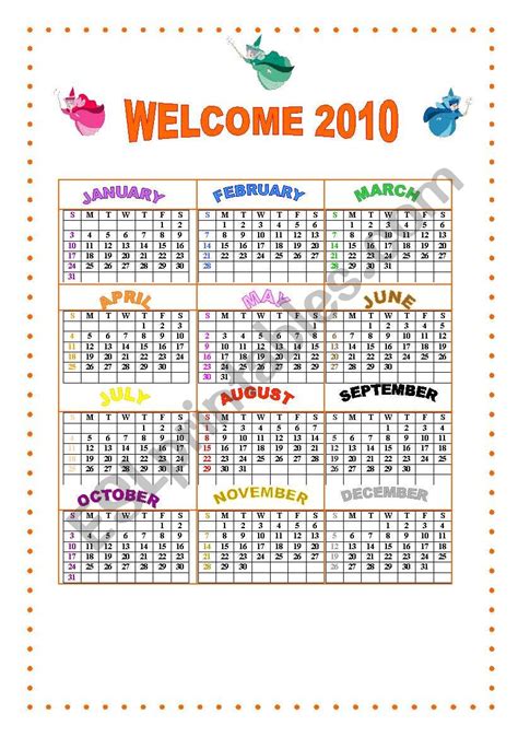 Calendar 2010 Esl Worksheet By Valdirene