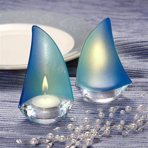 Blue Frosted Glass Stylish Sailboat Votive Tea Light Candle Holders Set Of 2 Material Glass