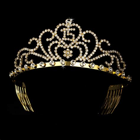 Sparkling Rhinestone Covered Sweet 15 And 16 Tiara In Gold