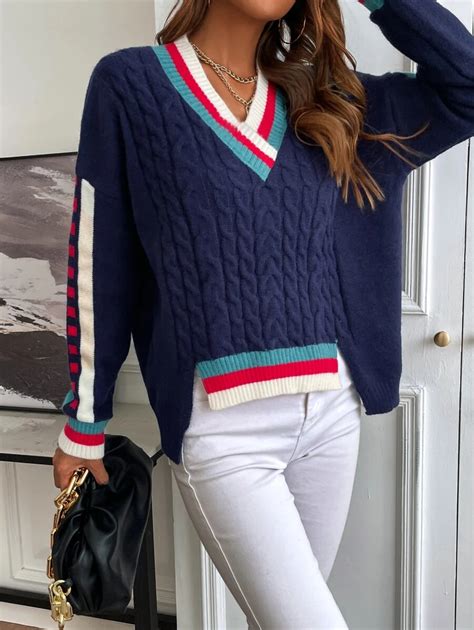 Striped Trim V Neck Drop Shoulder Sweater Shein Usa Simple Knitting