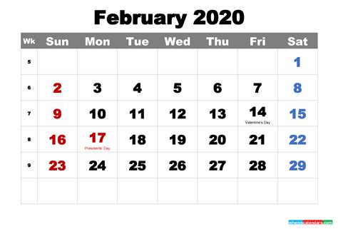 Free Printable February 2020 Calendar With Holidays As Word Pdf