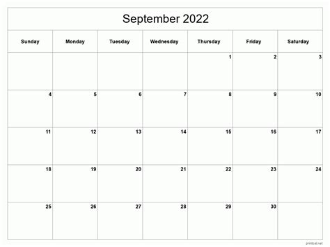 Blank Calendar Template September 2022