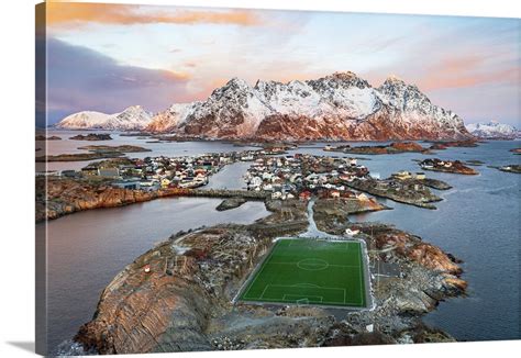 Aerial View Of Soccer Stadium And Henningsvaer Village Lofoten Islands