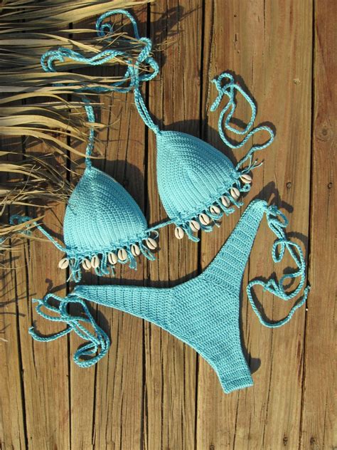 high hip crochet bikini set aqua blue with cowrie sea shell etsy
