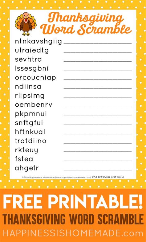A Thanksgiving Word Scramble With The Words Free Printable