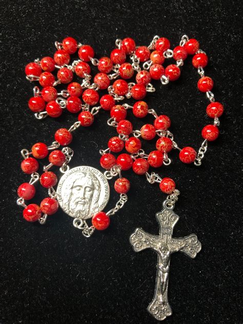 Holy Face Of Jesus Rosary 6mm Red Faux Marble Veronicas Etsy