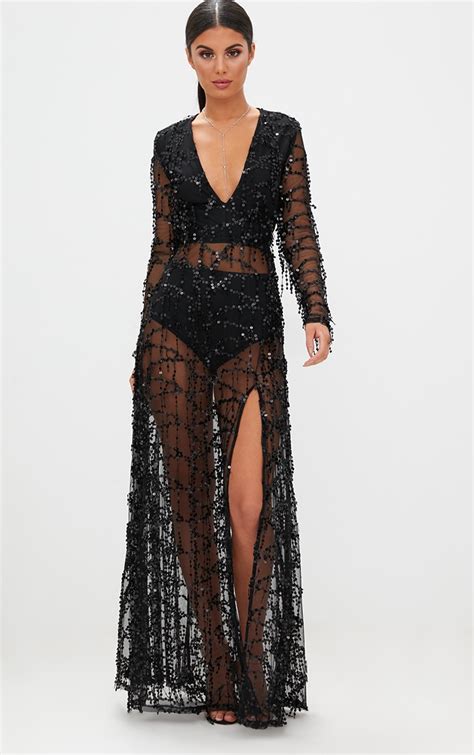 Black Sequin Long Sleeve Maxi Dress Dresses Prettylittlething Aus