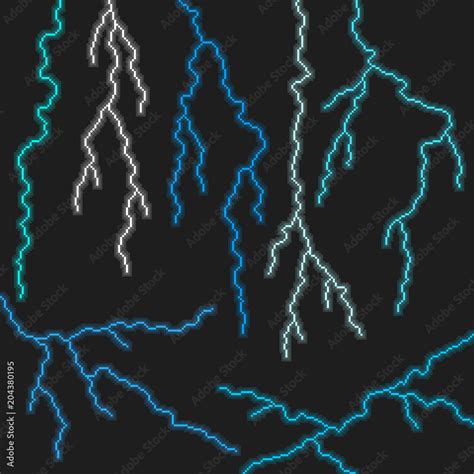 Pixel Lightning Vector Set 8 Bit Style Electric Discharges With Semi