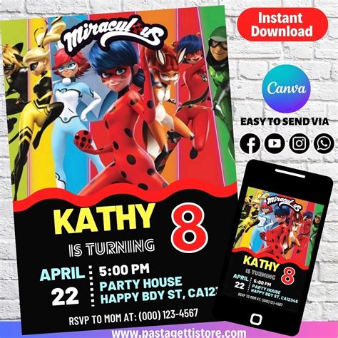 Miraculous Ladybug Birthday Invitation Template