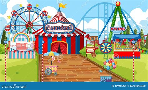 Scene With Ferris Wheel And Other Rides In The Carnival Stock Vector