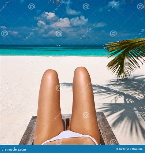 Woman At Beach Lying On Chaise Lounge Stock Image Image Of Tree