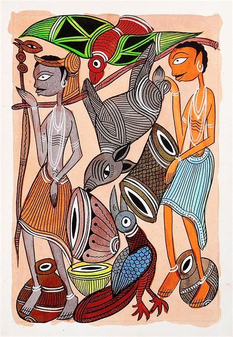 Tribal Hunters Kalighat Painting Kalighat Painting Water Color On