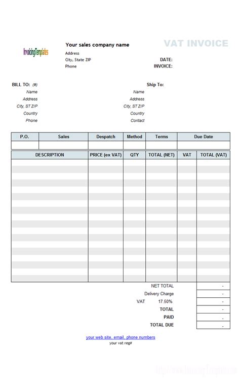 vat sales invoice template price including tax