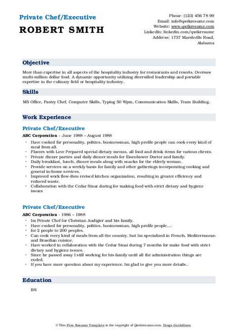 Private Chef Resume Samples Qwikresume