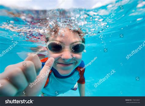 Portrait Cute Little Boy Swimming Underwater Stock Photo 176916041