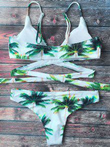 Palm Tree Print Crossover Bikini Set WHITE Bikinis S ZAFUL