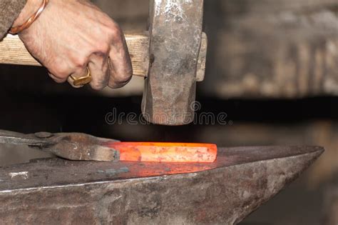 Detail Shot Of Hammer Forging Hot Iron At Anvil Stock Photo Image Of