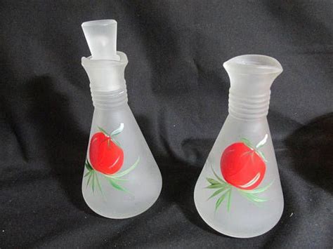 Hazel Atlas Frosted Cruets With Hand Painted Tomato Motif Etsy Hand