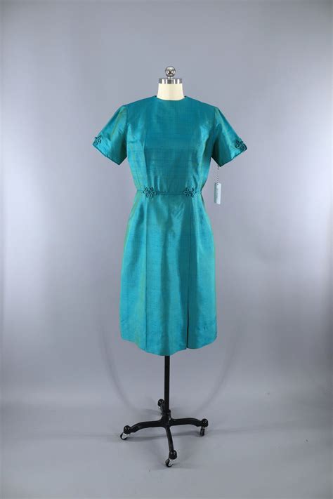 vintage-1950s-silk-dress-teal-blue-green-shantung-thai-silk