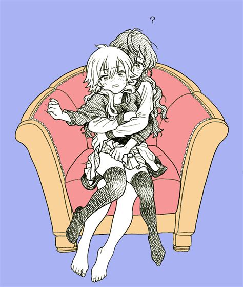 Safebooru 2girls Arm Support Bangs Barefoot Blue Background Blush Chair Commentary Request