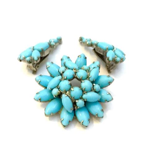 Turquoise Blue Opaque Rhinestone Demi Brooch Earrings Turquoise